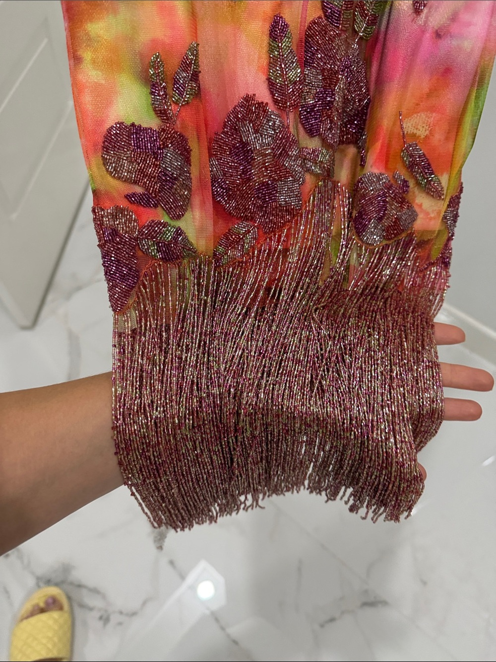 Theia Orange Pink Floral Halter Midi Dress with Fringe - Picture 9 of 11